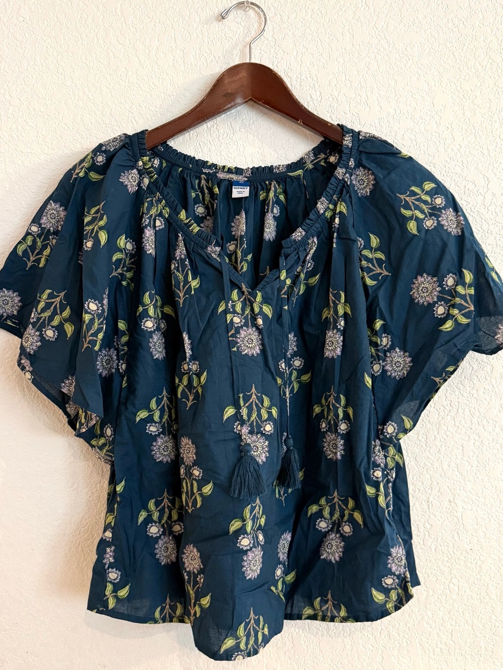 Old Navy Womens Shirt Blouse Blue Green Floral Flutter Sleeve Size XL